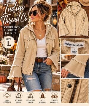 Indigo Thread Co Corduroy Hooded Jacket L Distressed Bell Sleeve Boho Utility